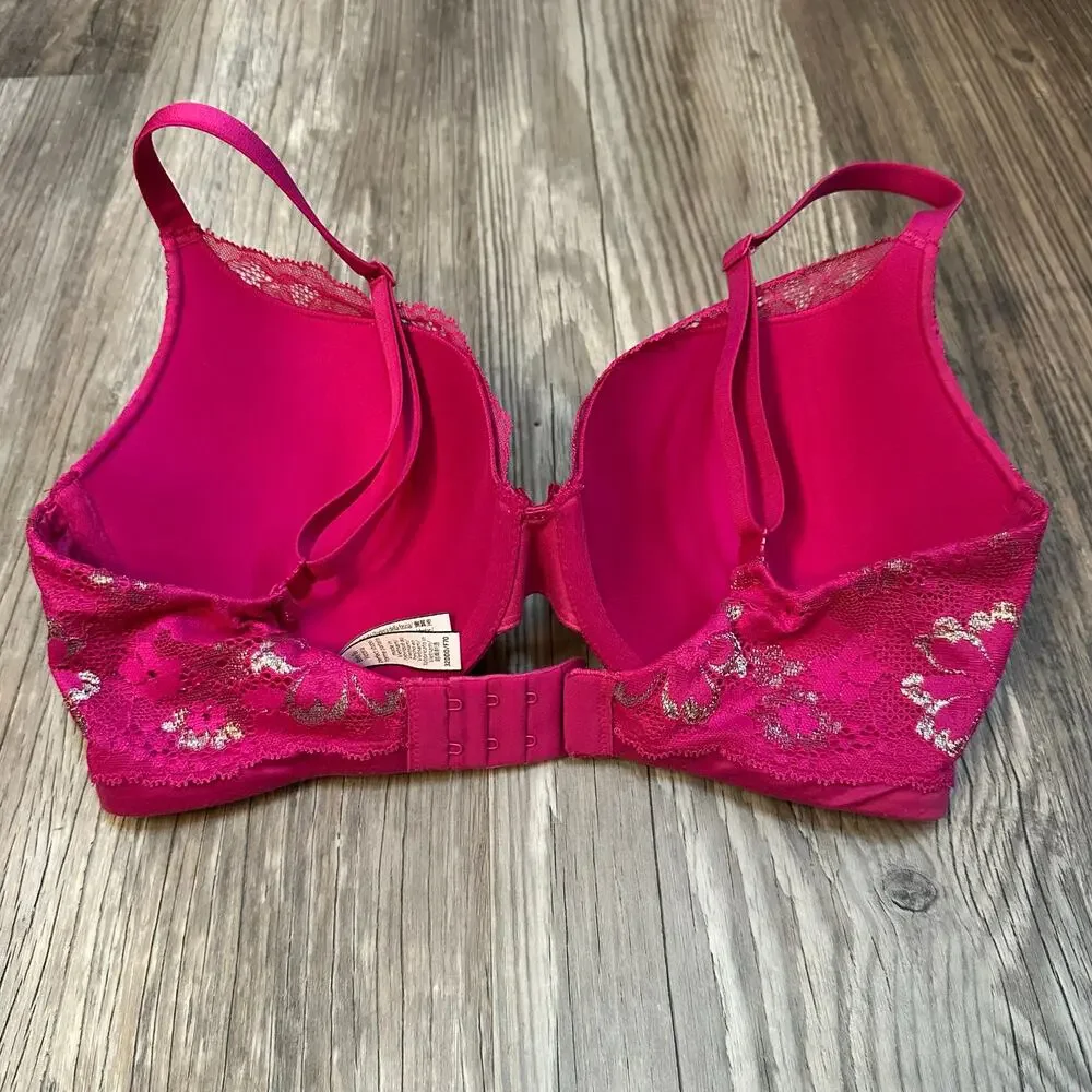 Victoria's Secret‎ Hot Pink & Gold Shine Push-Up Perfect Shape Bra Sz 32DDD Lace